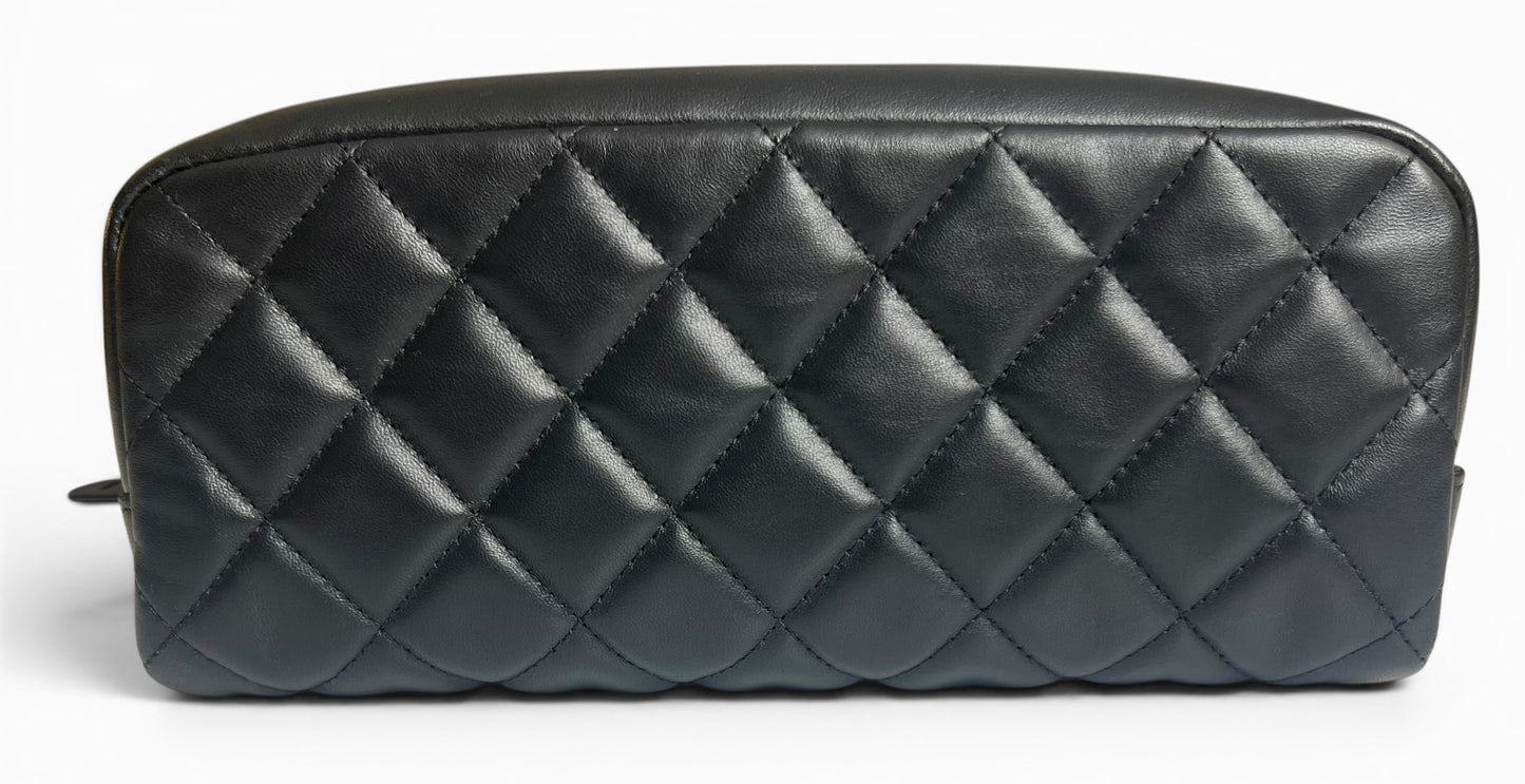 Chanel Black Lambskin Quilted Medium Rectangular Pouch Cosmetic Vanity Case Clutch