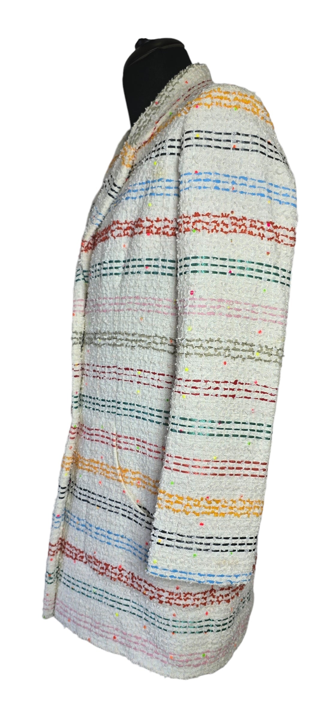 Chanel 19P Runway Oversized Tweed White Striped Long Jacket Coat FR 38