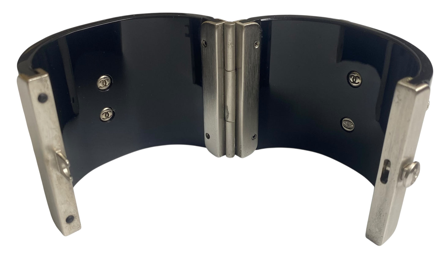 Rare Chanel 12P Black Pink Crystals Camellia Flower Double Sided CC Cuff Bracelet