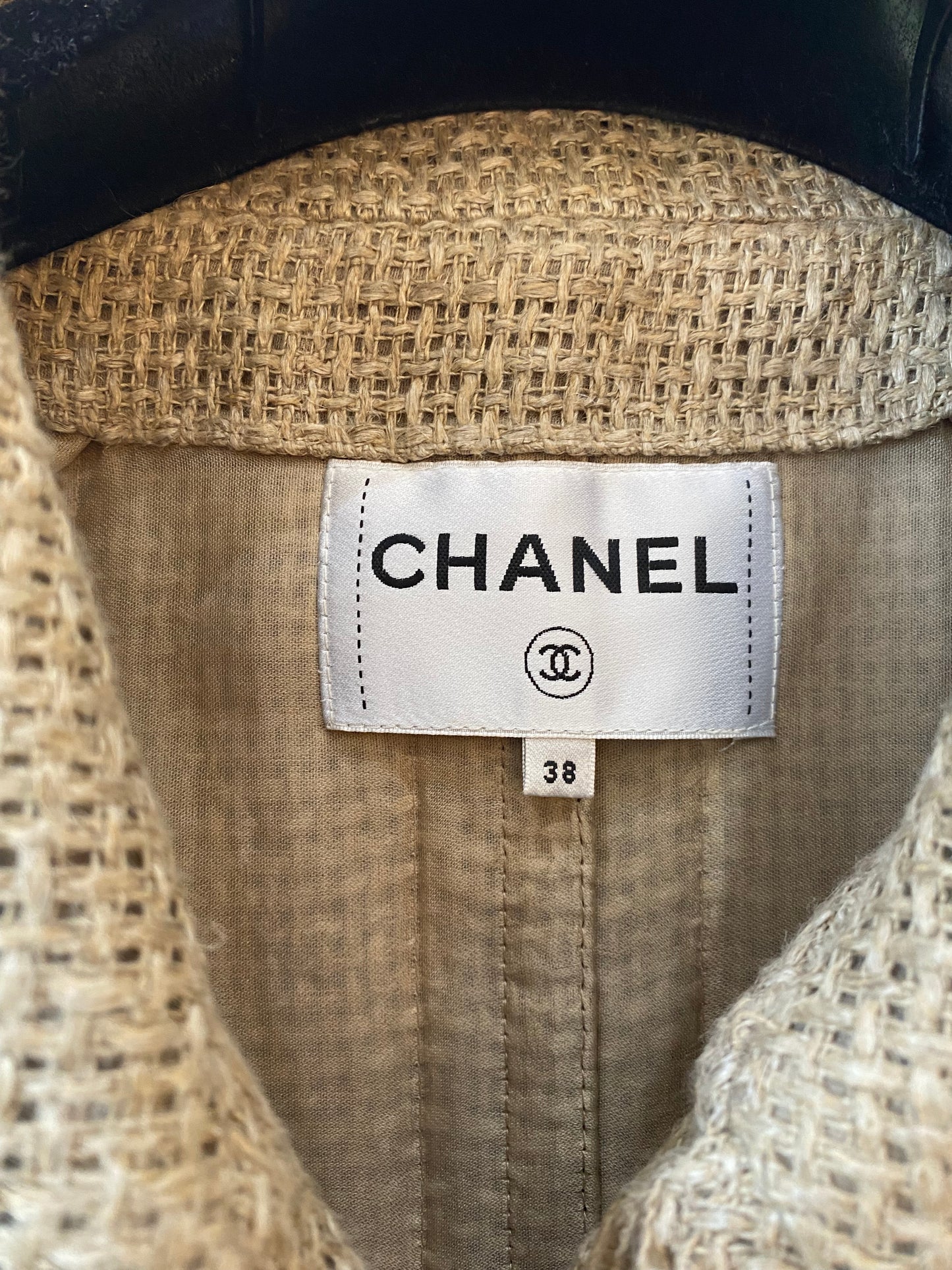 Chanel 18C Paris Greece Beige Horse Motif Button Raffia Linen Jacket FR 38
