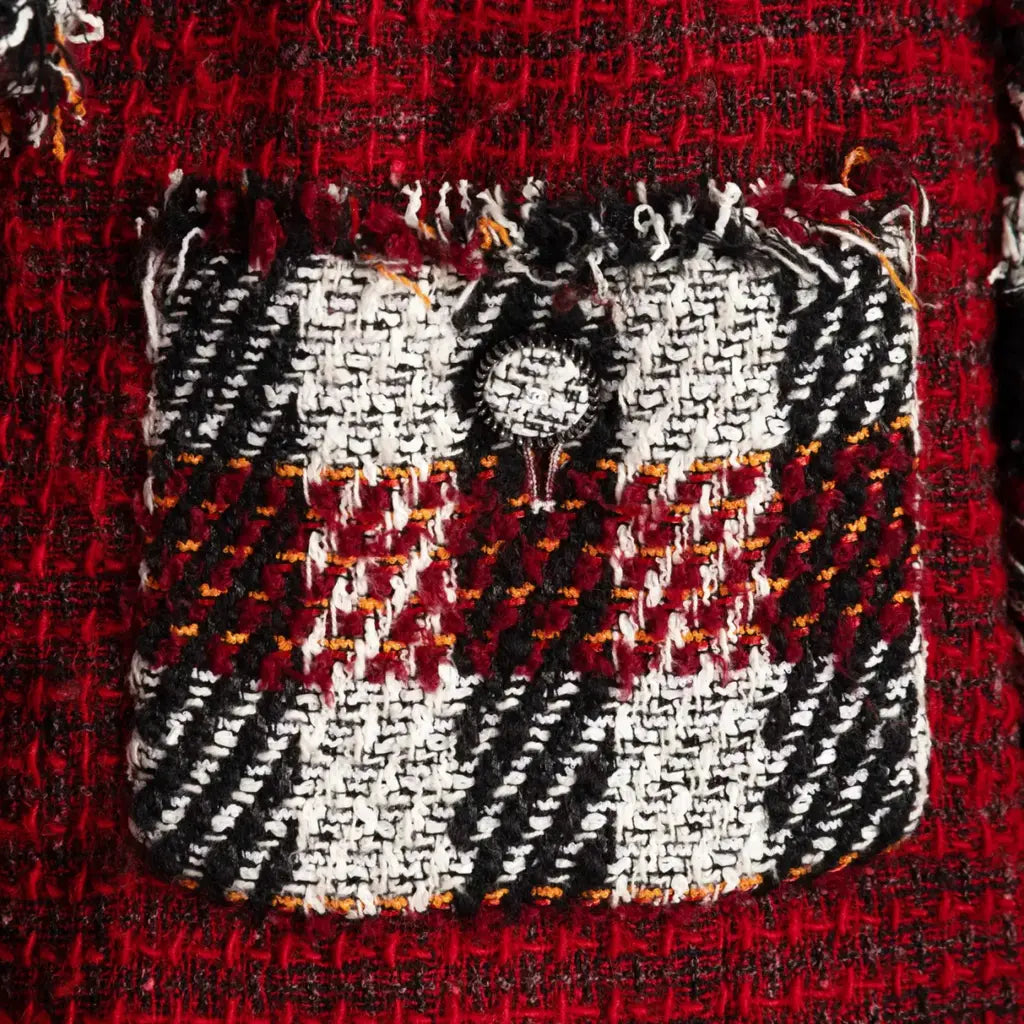 Chanel 16A Runway Burgundy Plaid Tweed Fringe Jacket FR 40