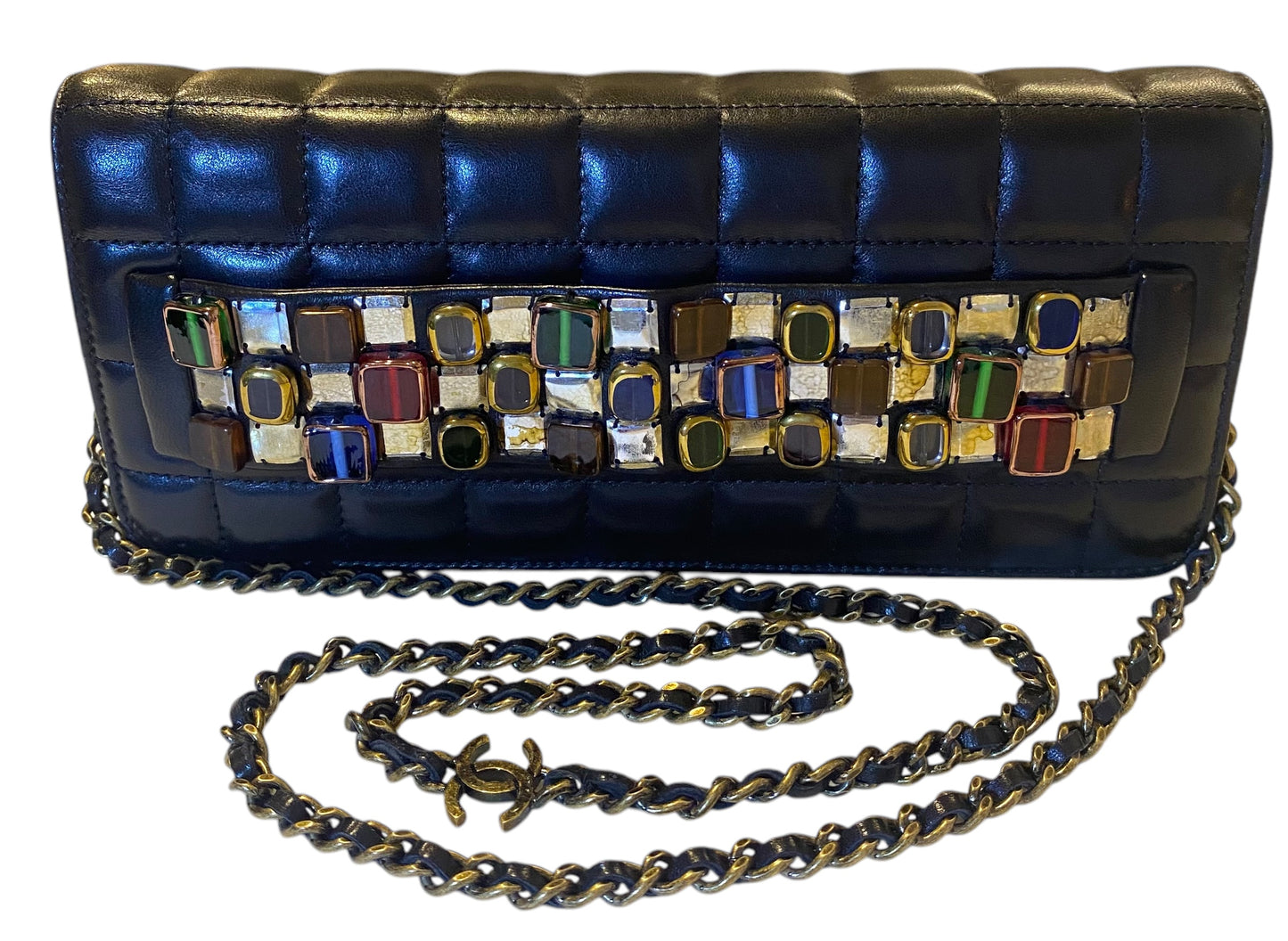 Chanel 11A Paris-Byzance Black Chocolate Bar Lambskin Leather Jeweled Clutch Minaudière Bag