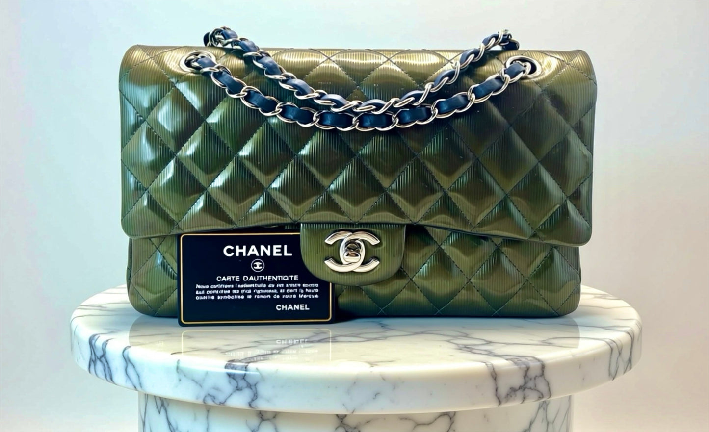 Chanel Medium Double Flap Green Straited Patent Leather Timeless Classic Bag SHW