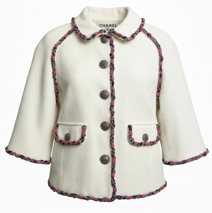 Rare Chanel 15C Dubai Swarovski Crystals White Multicolor Braided Trim Short Jacket FR 38