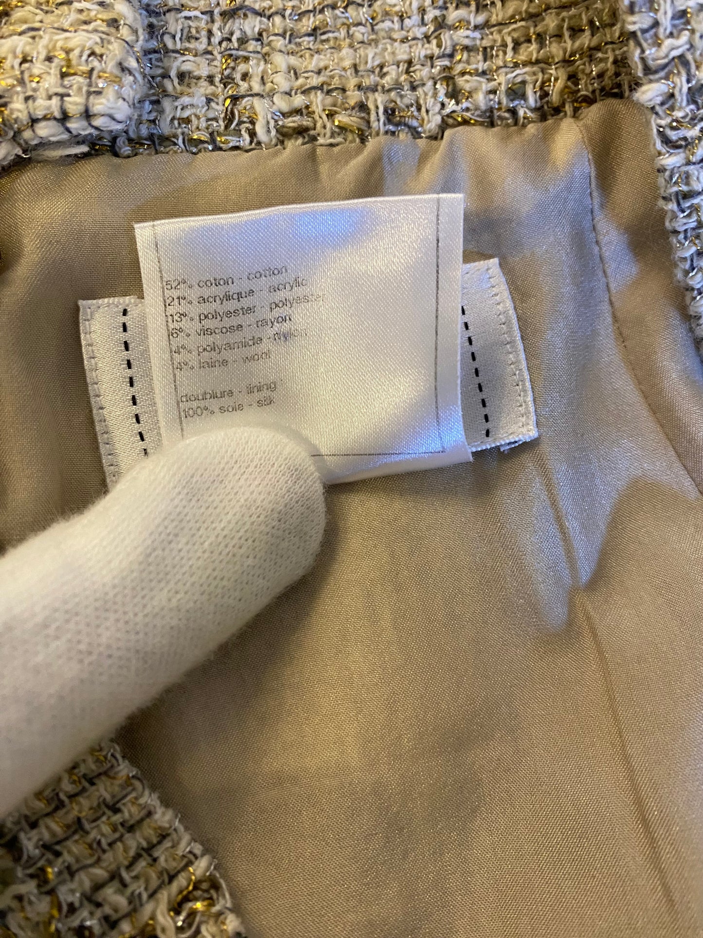 Chanel 10P Fantasy Tweed Skirt Beige Metallic Gold FR 42