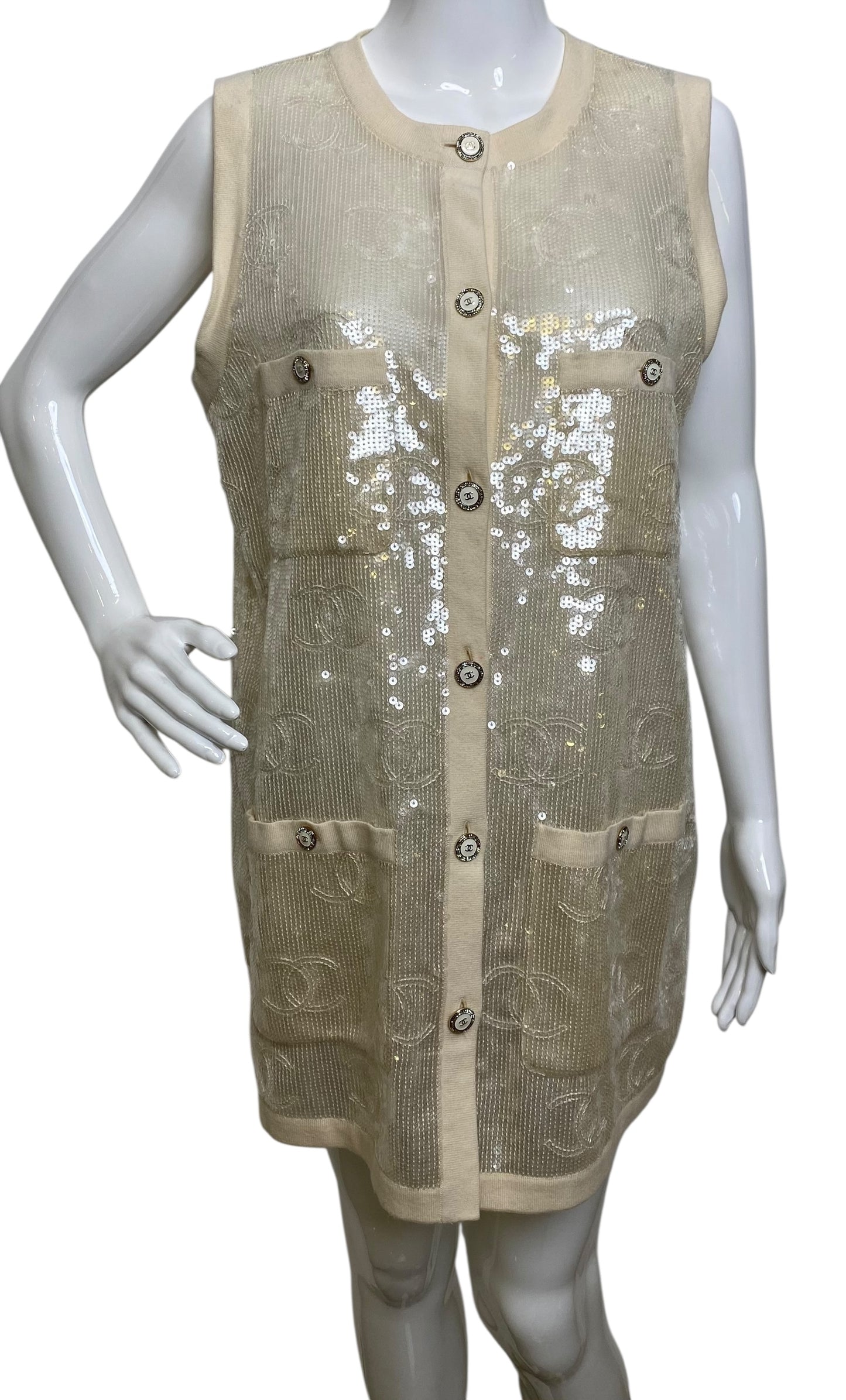 Rare Chanel 22S CC Sequin Cream Iridescent Vest Mini Dress Waistcoat Cardigan FR 40