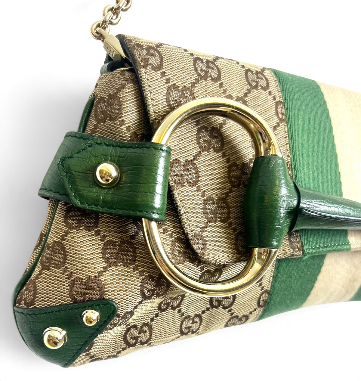 Gucci Large 1955 Tom Ford Classic Green Ivory GG Monogram Horsebit Clutch Handbag GHW