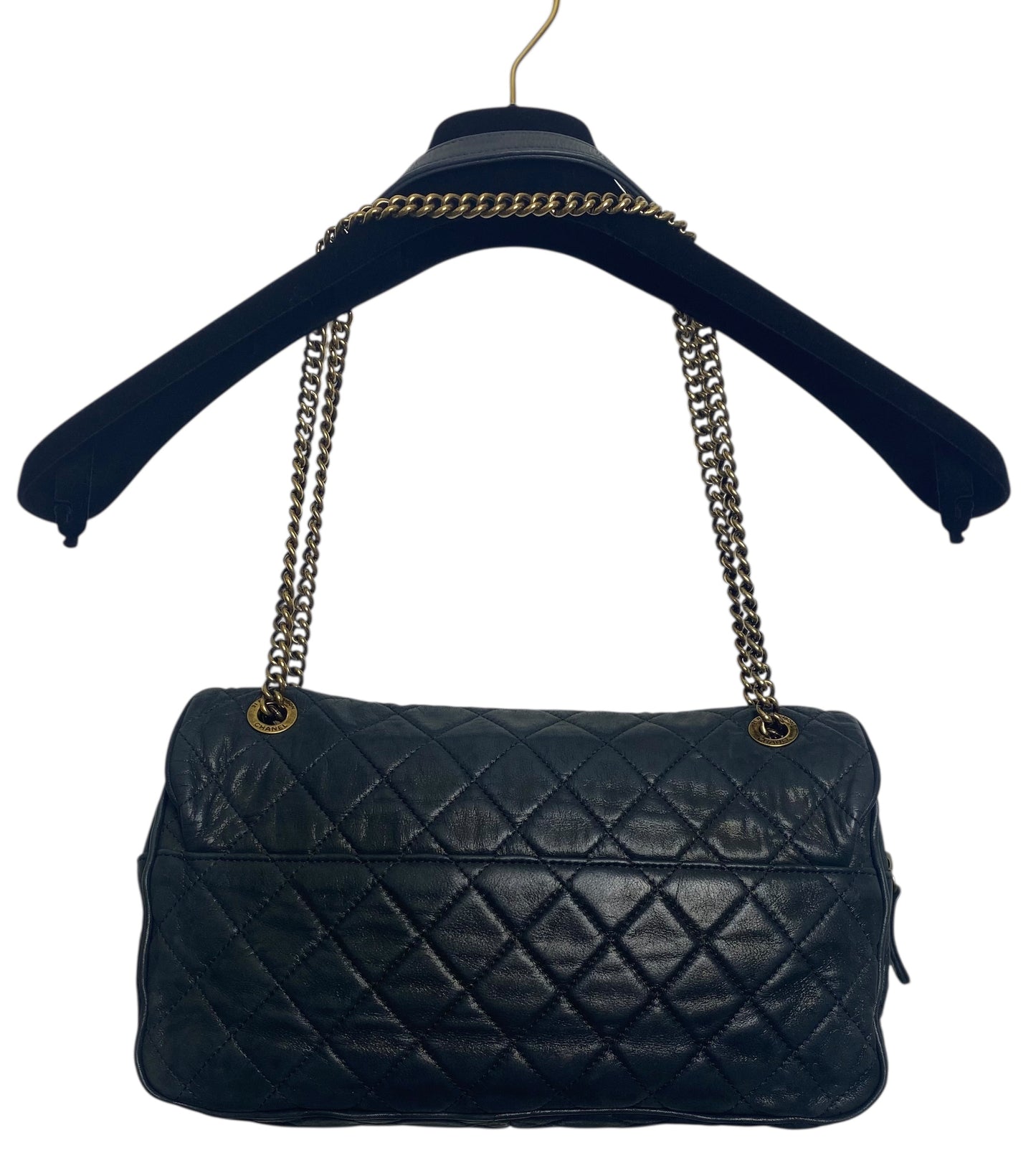 Chanel 2013 Black Quilted Iridescent Calfskin Shiva Jumbo Classic Flap Bag Gold Hardware