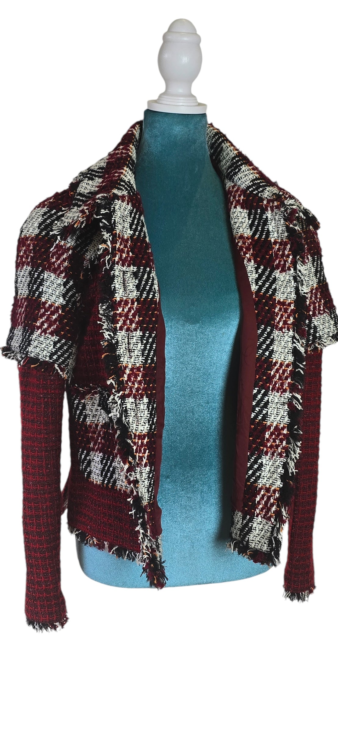 Chanel 16A Runway Burgundy Plaid Tweed Fringe Jacket FR 40