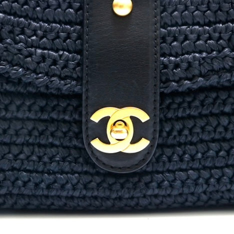 Chanel Medium Classic Dark Navy Straw Raffia Shoulder Bag GHW