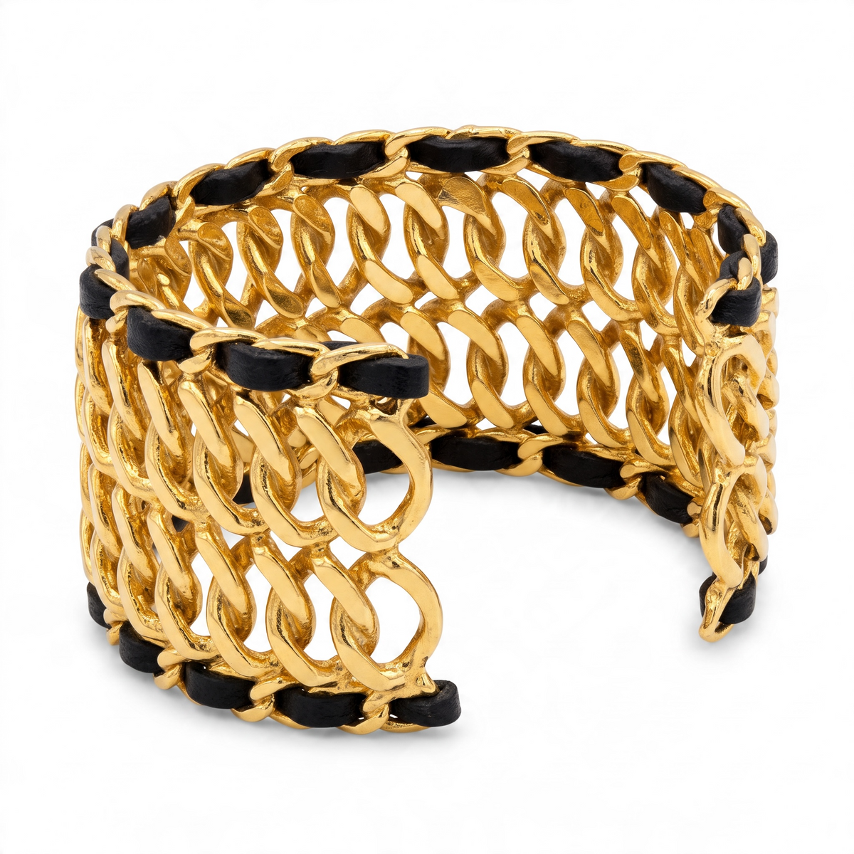 Vintage 80’s Chanel 24K Gold Plated Black Leather Statement Cuff Bracelet