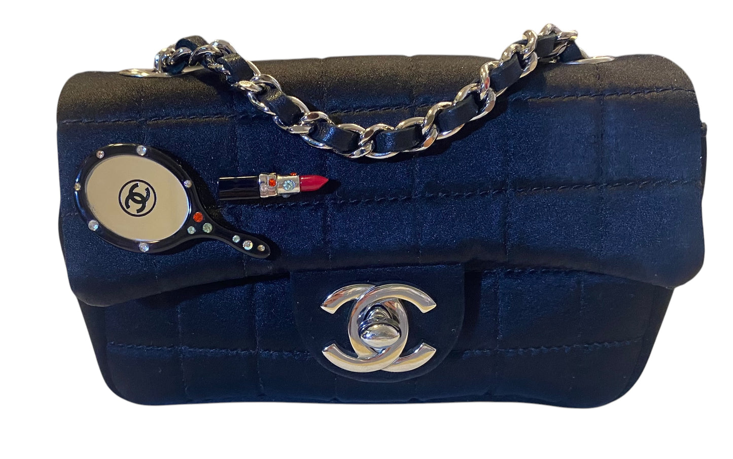 Chanel 04A Black Satin Mini Micro Square Quilted Lipstick Mirror Charm Flap Bag