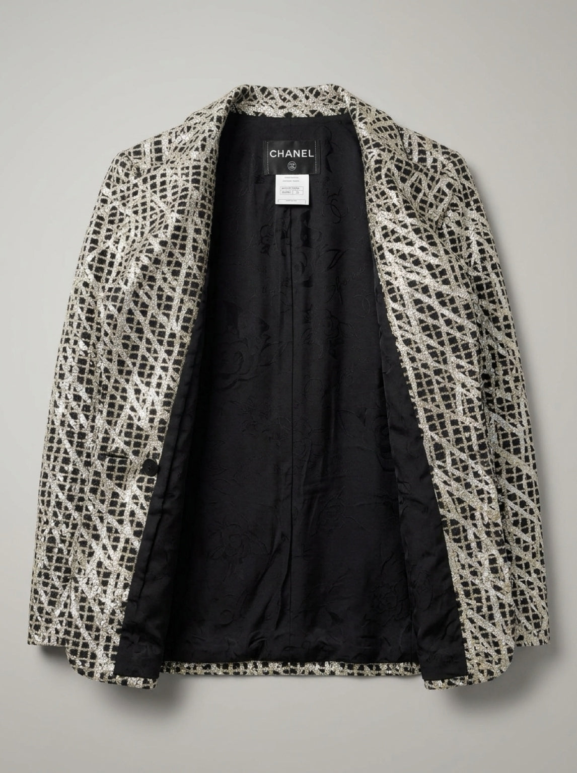 Chanel 12P Double Breasted Silver Metallic Graffiti Black Jacket FR 36