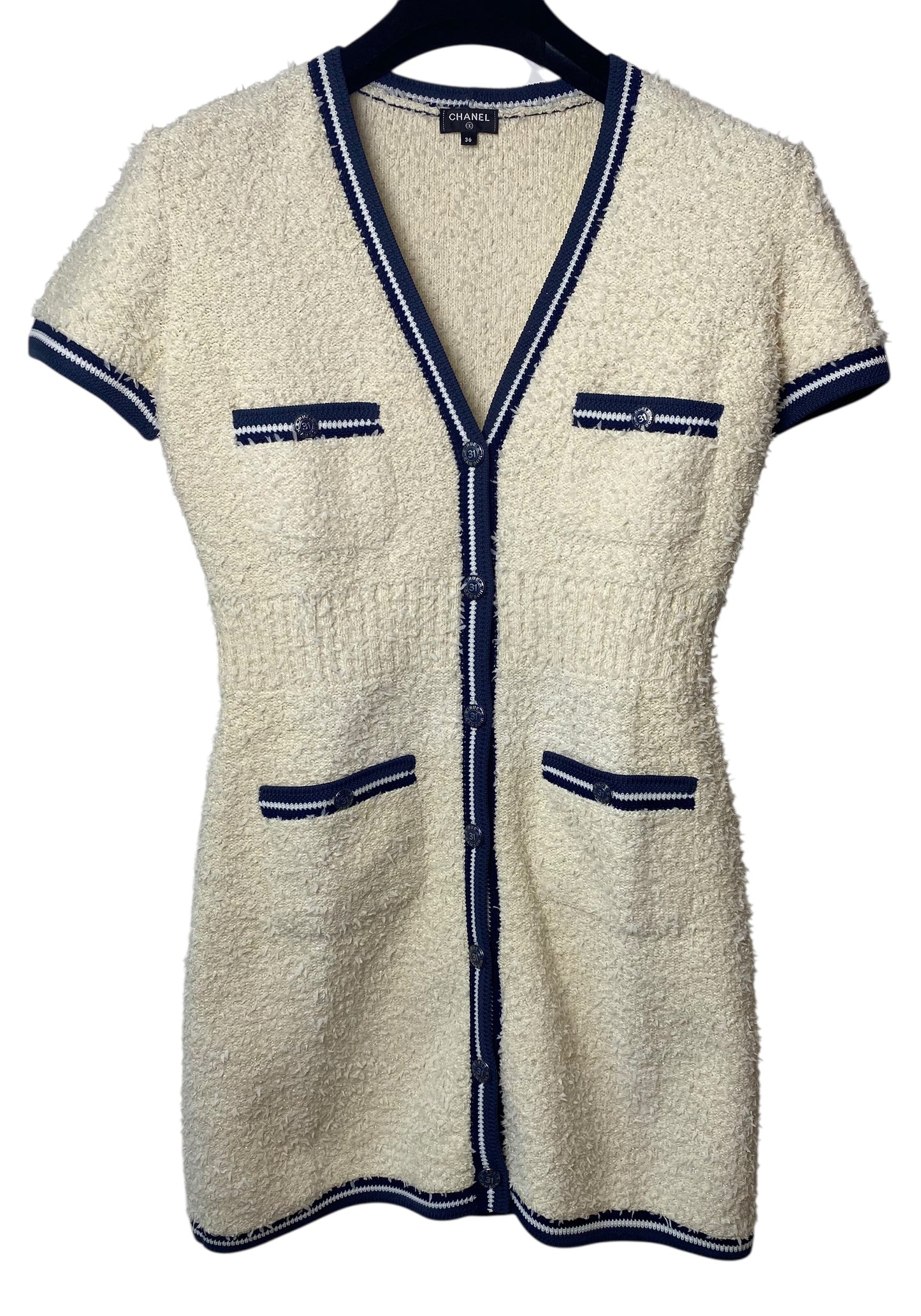 Chanel 19P Ivory and Navy Fantasy Tweed Short Sleeve Dress FR 36