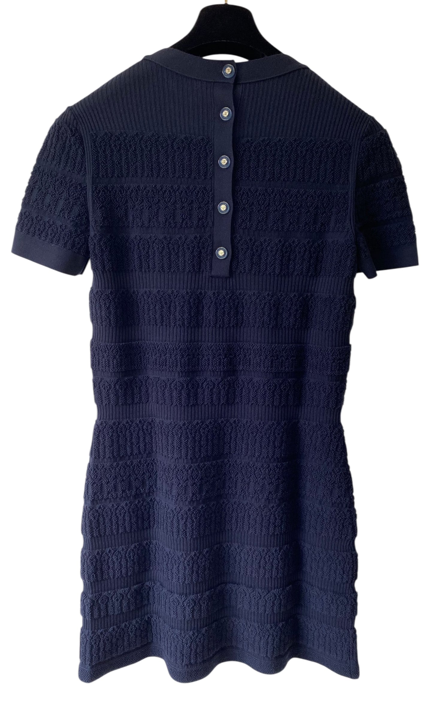 Chanel Navy Blue 2019 Wool Short Sleeve Textured Knit Dress FR 36