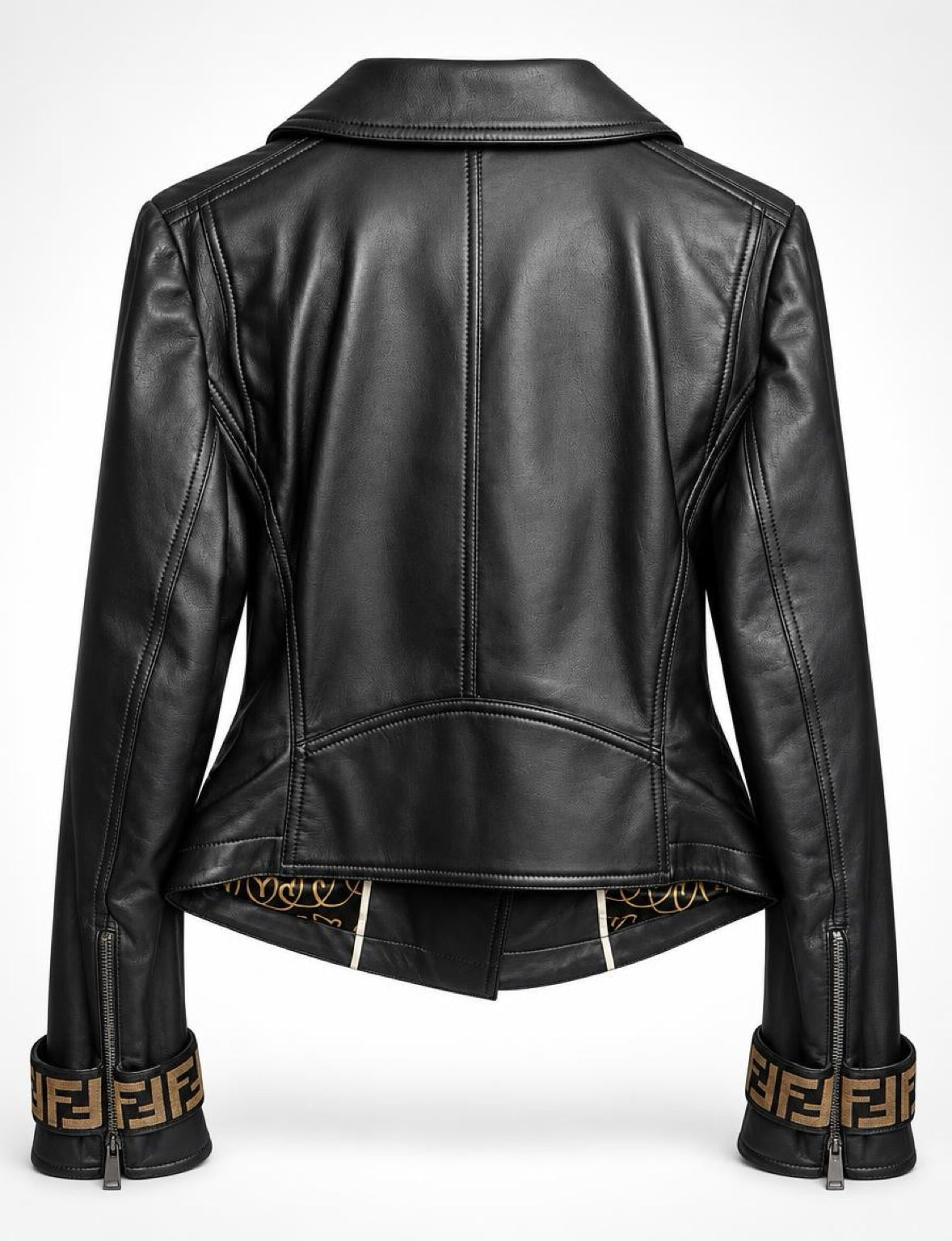 Fendi Black Leather Zucca Velvet Trim Biker Jacket IT 40