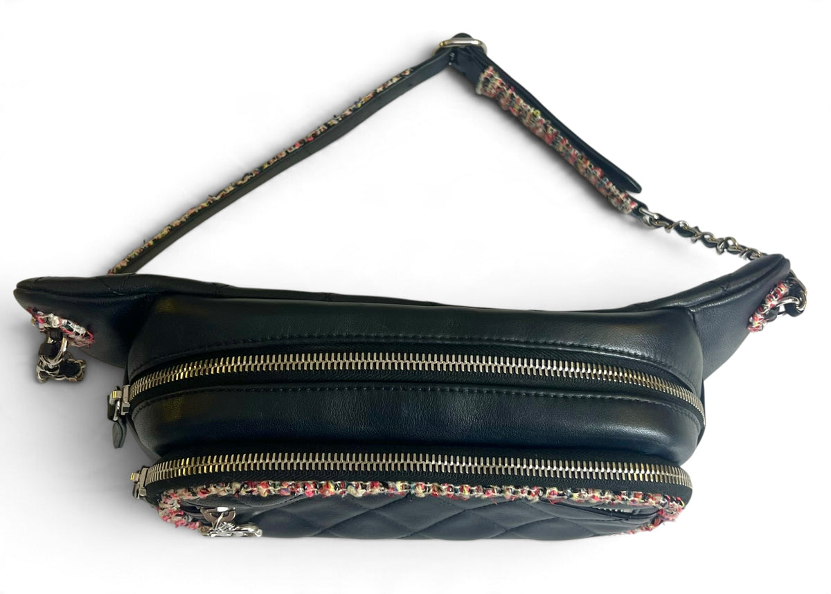 Chanel 19S Black Leather Multicolor Tweed Trim Quilted Waist Belt Bag