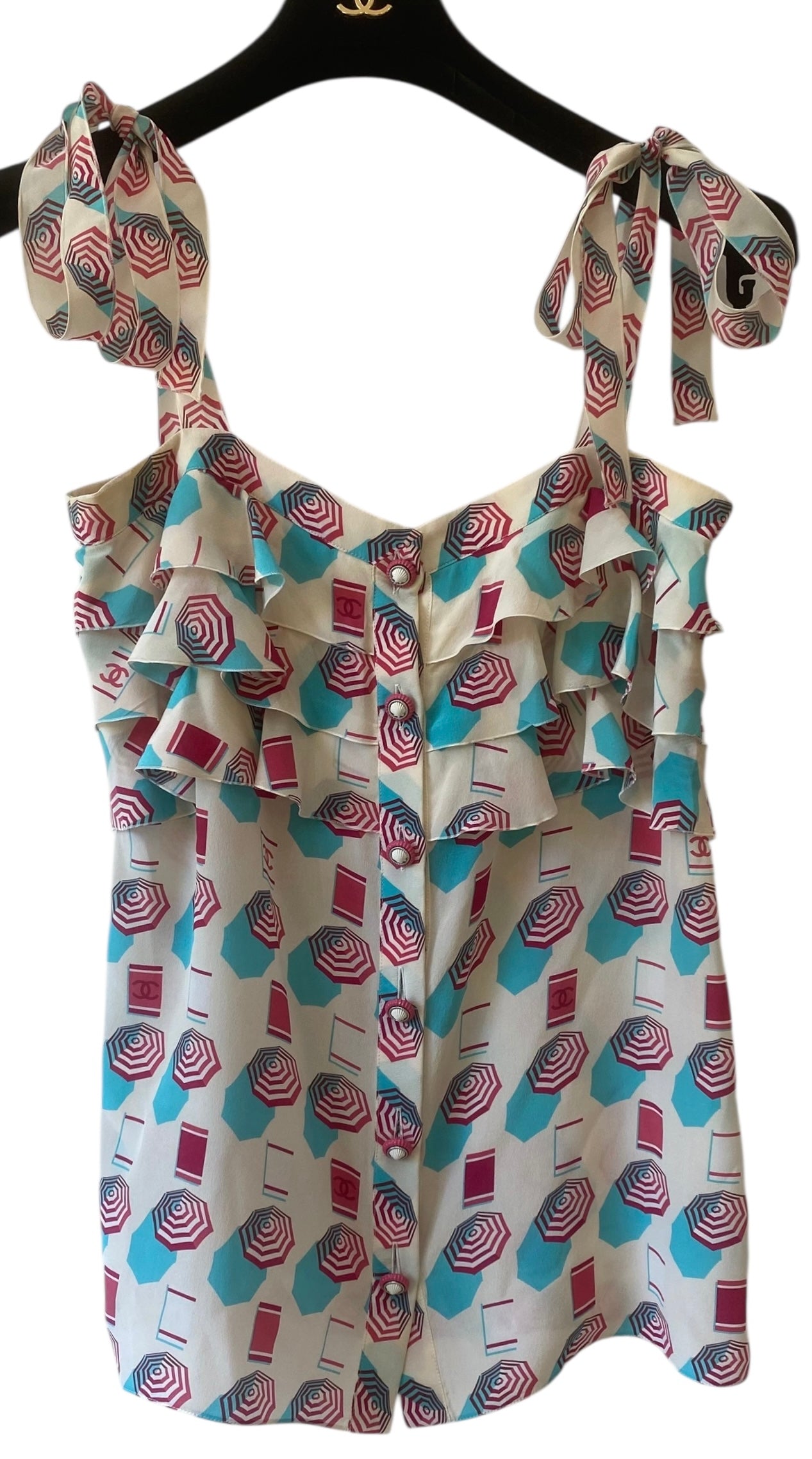 Chanel 19S Runway Umbrella Shells Motif Silk Multicolor Blouse FR 36