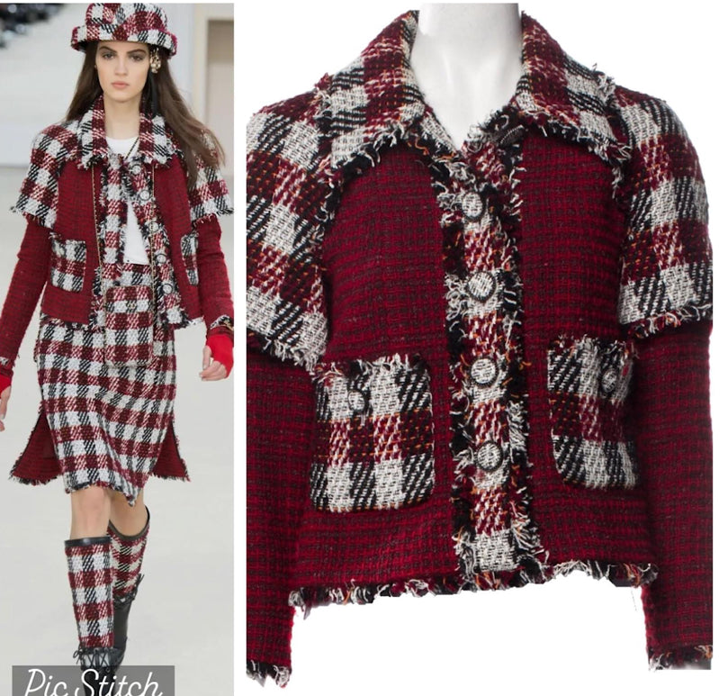 Chanel 16A Runway Burgundy Plaid Tweed Fringe Jacket FR 40
