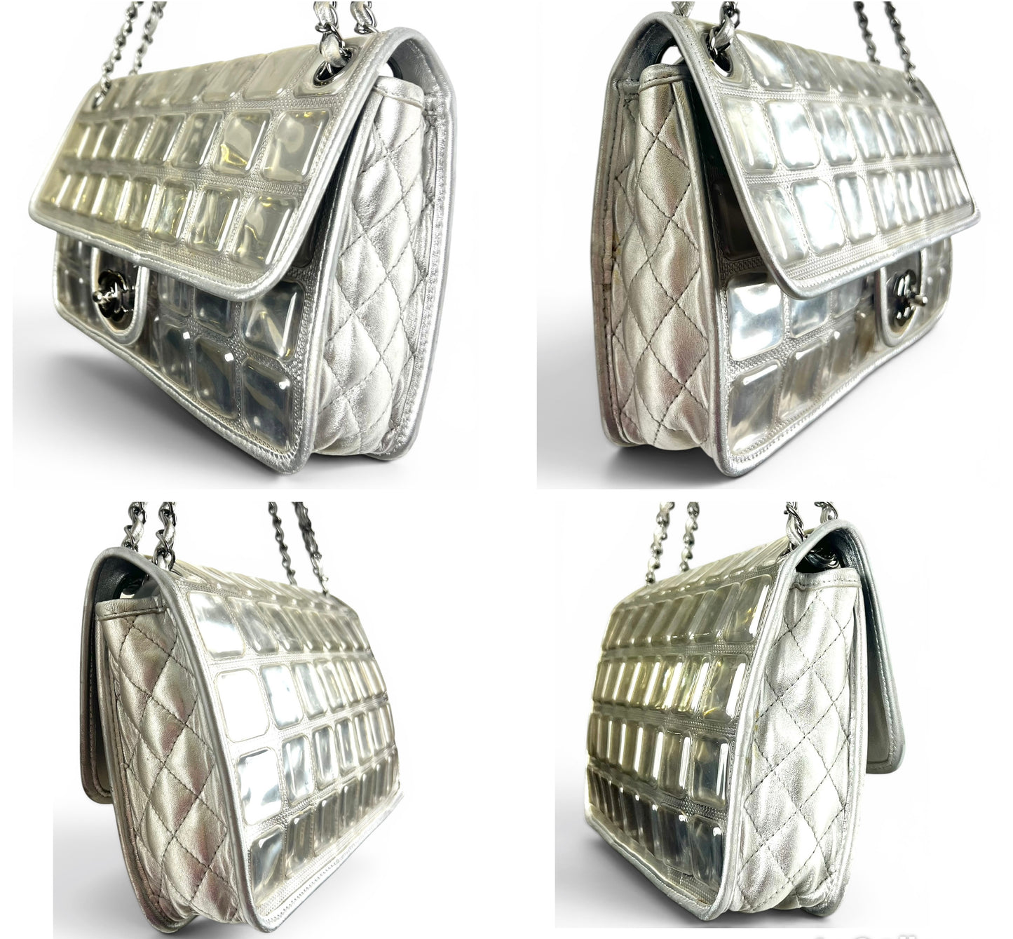 ICONIC Chanel 08C Medium Ice Cube Metallic Silver PVC Calfskin Classic Single Flap Bag