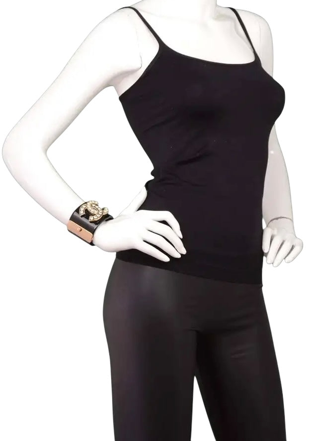 Chanel Iconic 14B Crystal & Pearl CC Wide Black Cuff Bracelet GHW