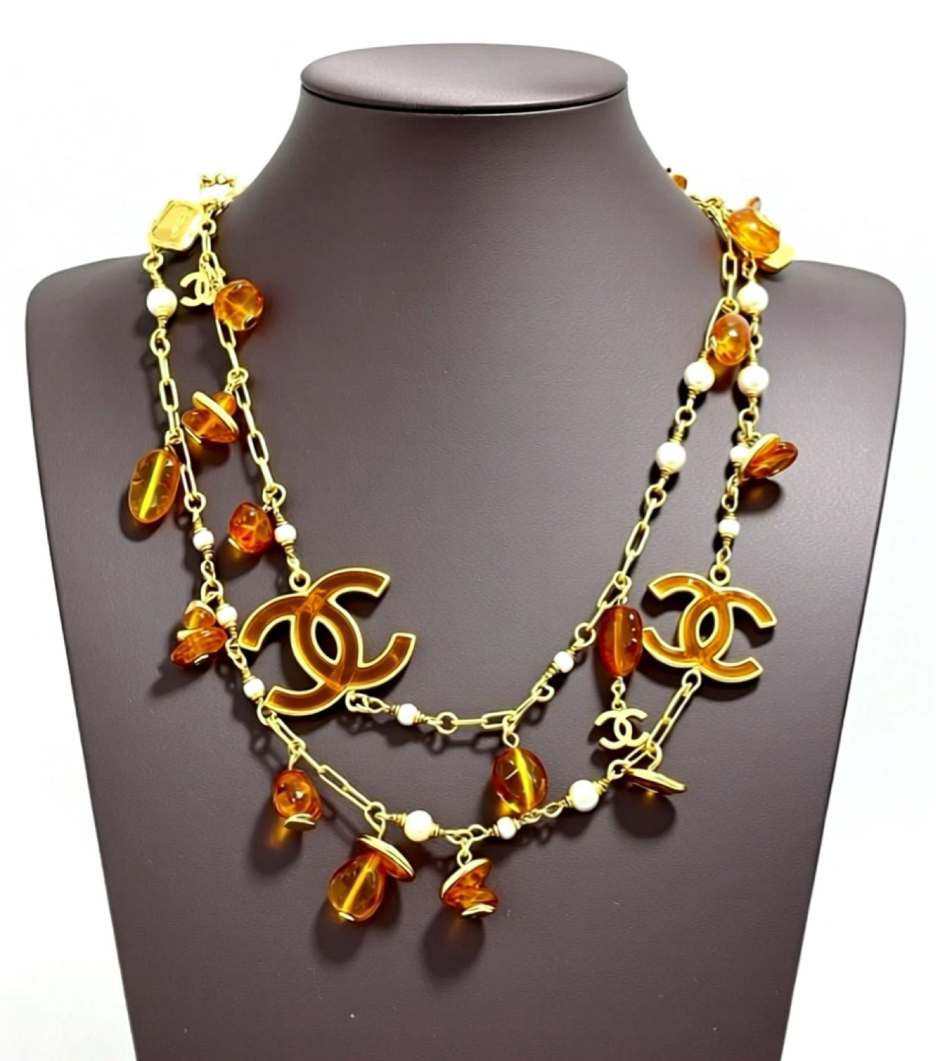 Chanel 11C St Tropez Amber Gold Long Strand Statement Necklace