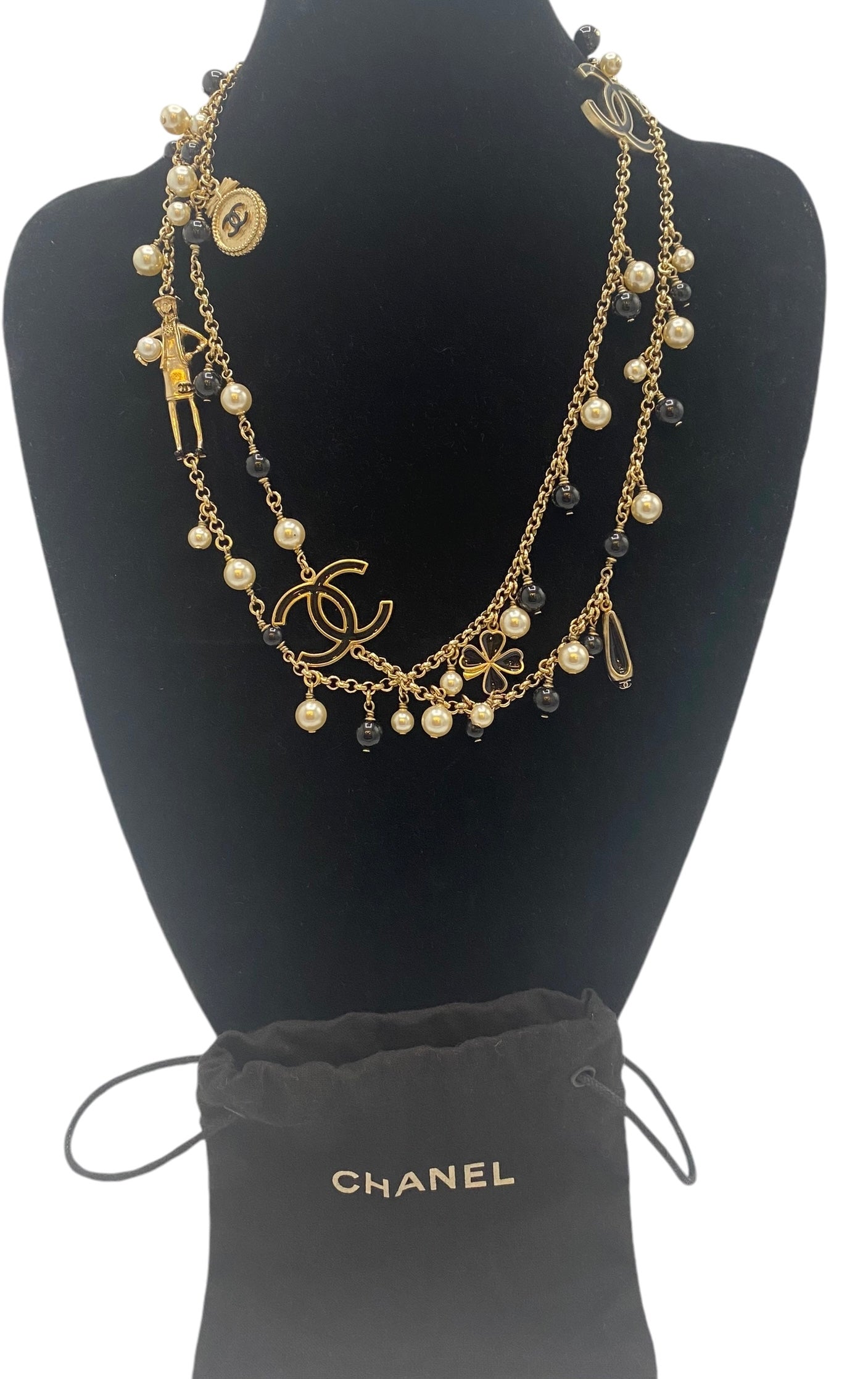 Chanel 14P Limited Edition Coco Lucky Charms Long Gold Black Pearl CC Necklace