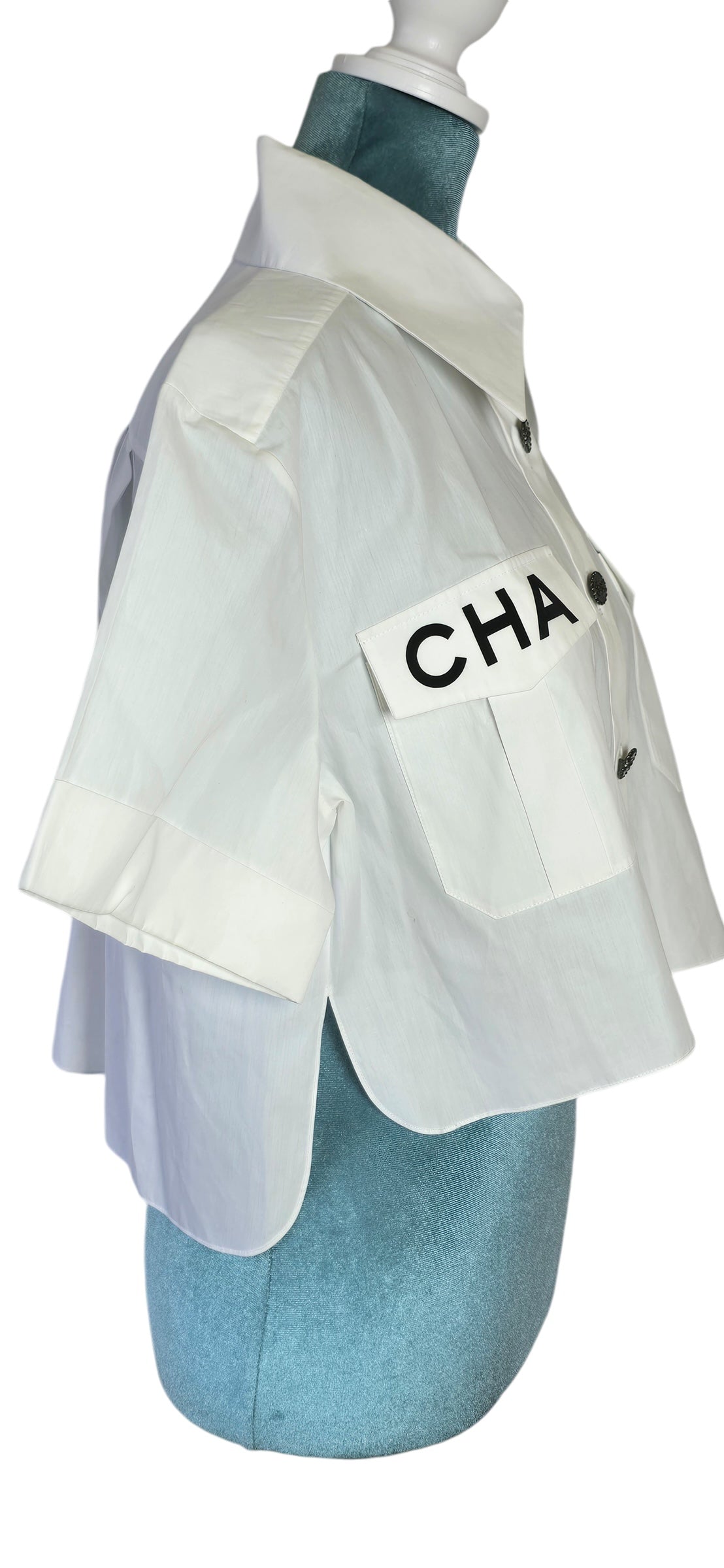 Chanel 2019 Logo Runway White Cropped Shirt Blouse FR 38