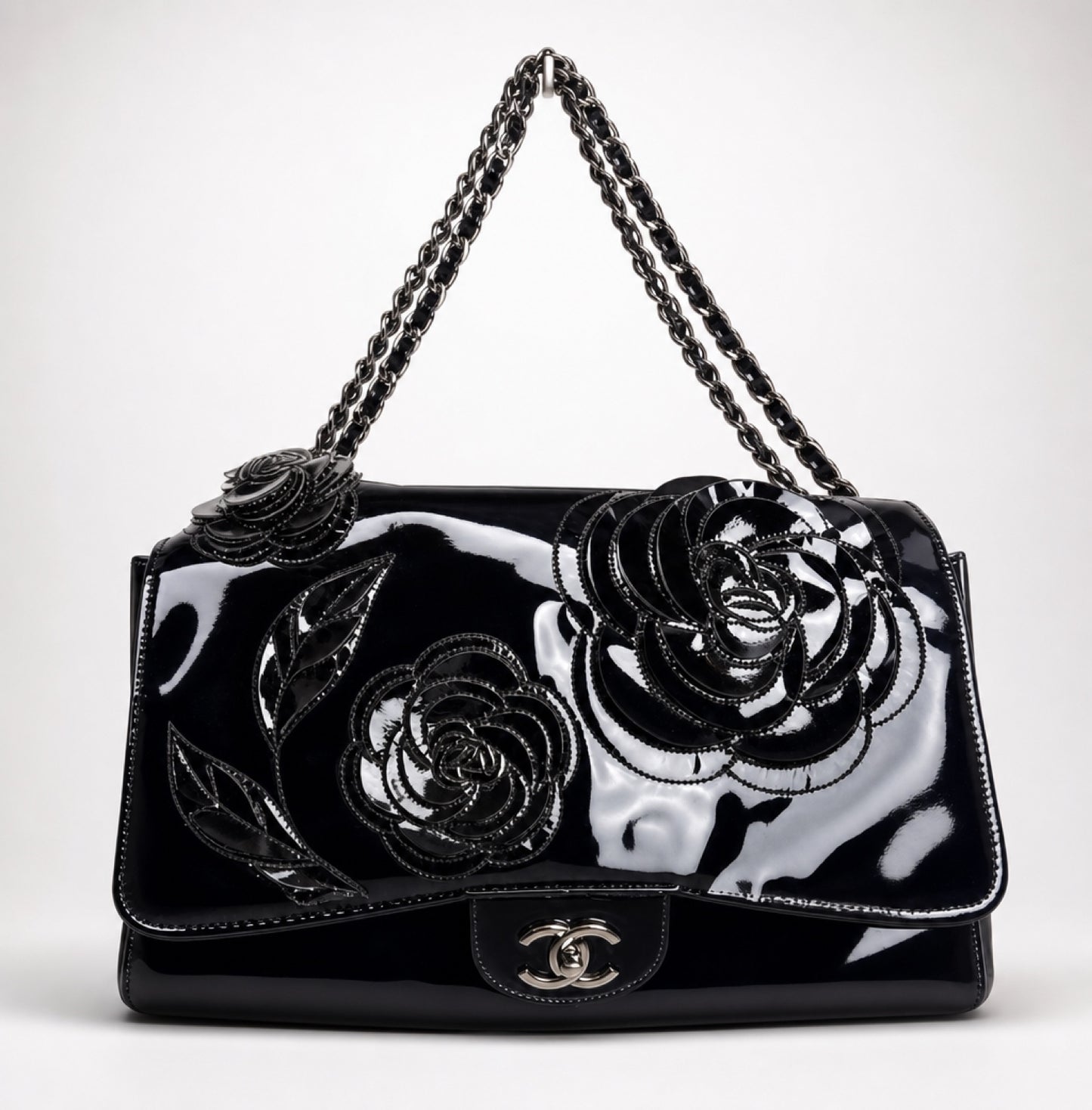 Chanel 10A Paris-Shanghai Jumbo Black Patent Leather Camellia Petals Accordion Flap Bag SHW