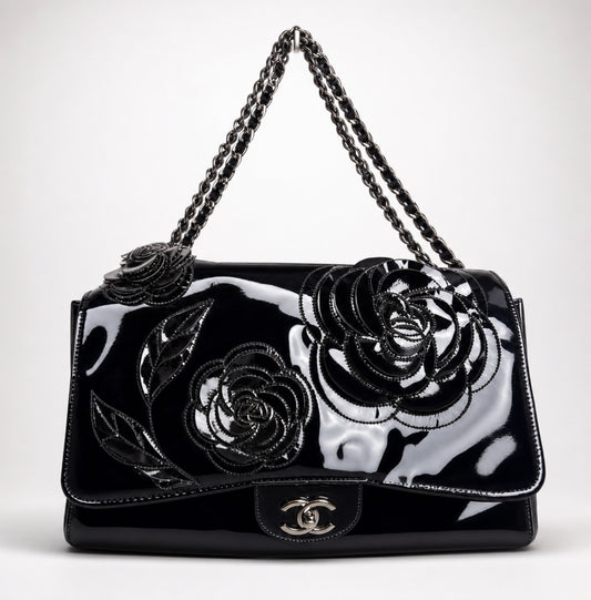 Chanel 10A Paris-Shanghai Jumbo Black Patent Leather Camellia Petals Accordion Flap Bag SHW