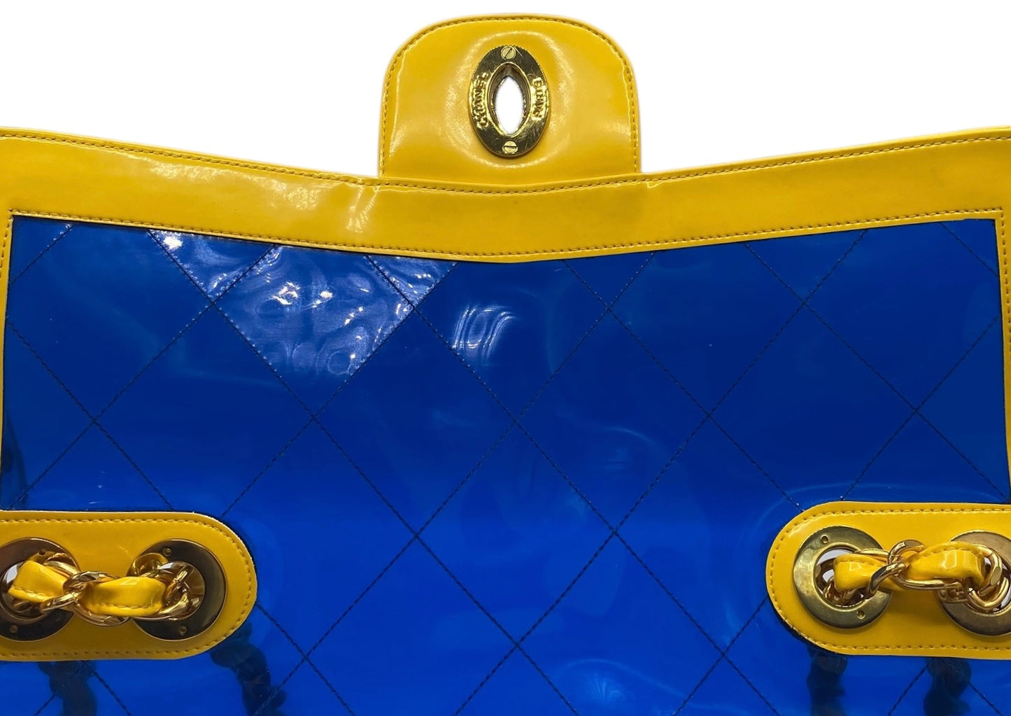 Chanel Ultra Rare 1995 Barbie Collection Yellow Blue Maxi PVC Vinyl Patent Flap Bag