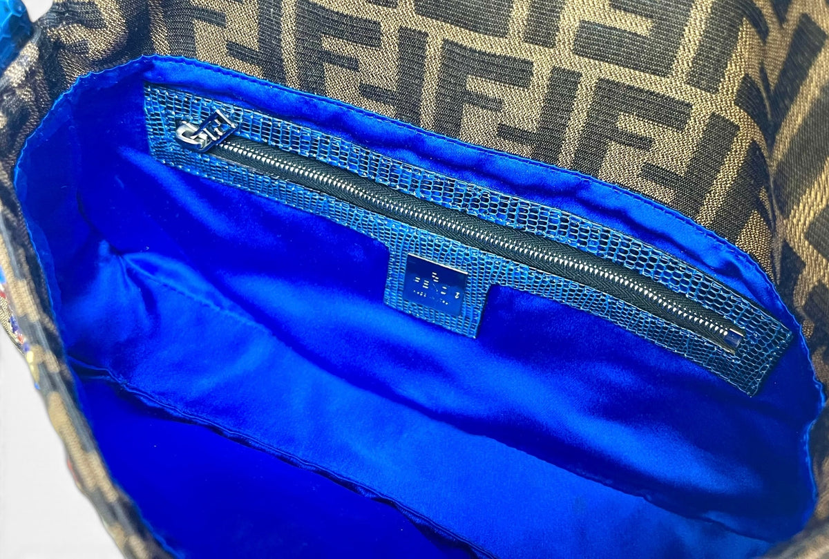 Fendi Vintage Blue Lizard Trimmed Embroidered Beaded Classic Zucca Baguette Bag