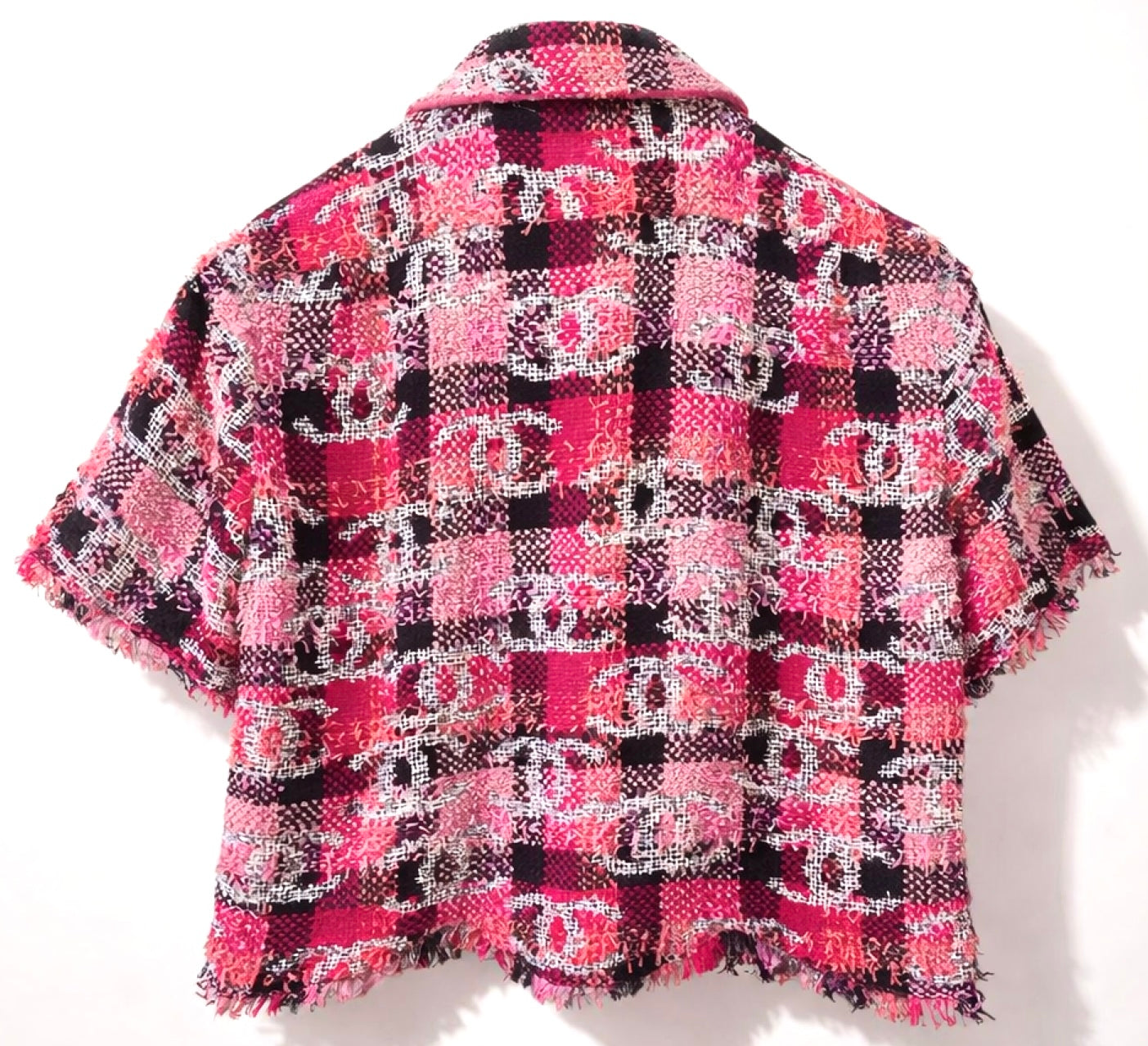 Chanel 22M Coco Beach CC Logo Pink Sequin Fantasy Tweed Blouse Vest FR 36