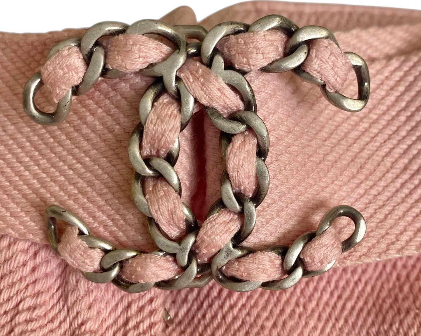 Chanel 19S Sand by the Sea CC Buckle Light Pink Cotton Wide Leg Jeans FR 44