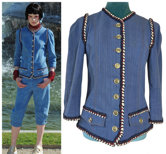 Chanel 13C Paris-Versailles Runway Denim Cotton Blue Braided Trim Jacket FR 38