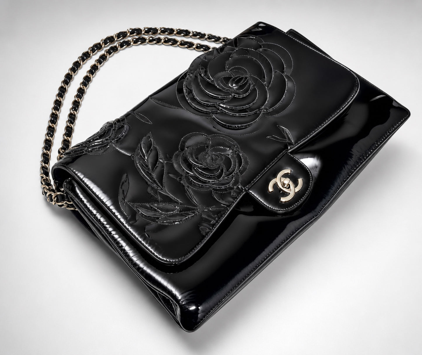Chanel 10A Paris-Shanghai Jumbo Black Patent Leather Camellia Petals Accordion Flap Bag SHW