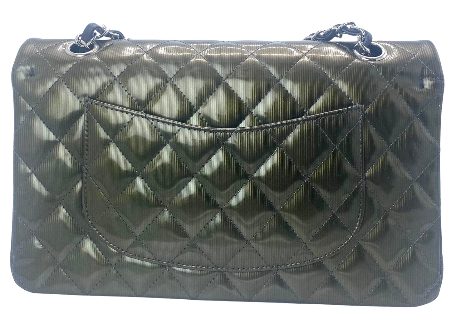 Chanel Medium Dark Green Straited Patent Leather Double Flap Timeless Classic Bag SHW