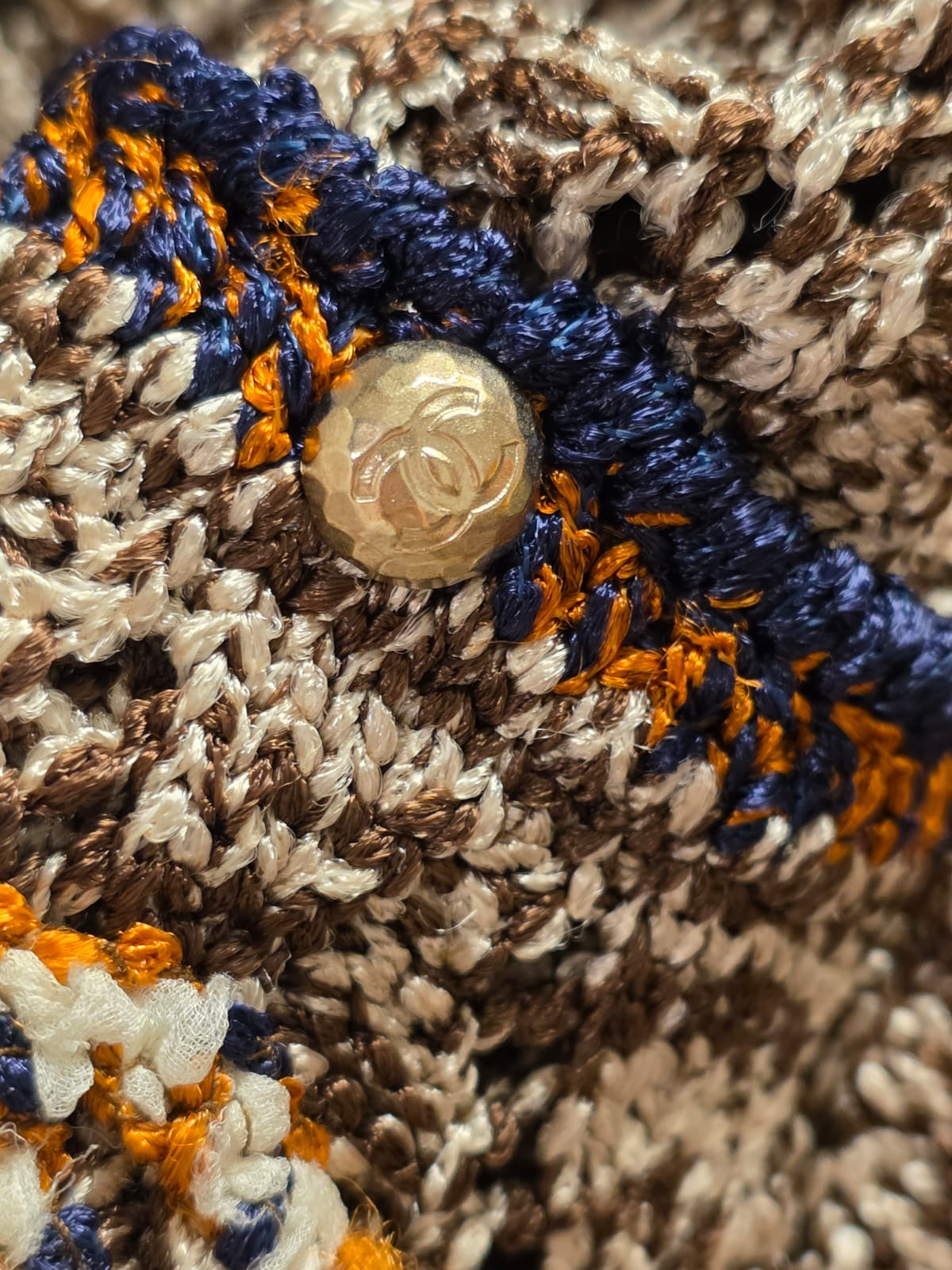 Chanel Brown Orange Navy CC Knit Crochet Dress FR 46
