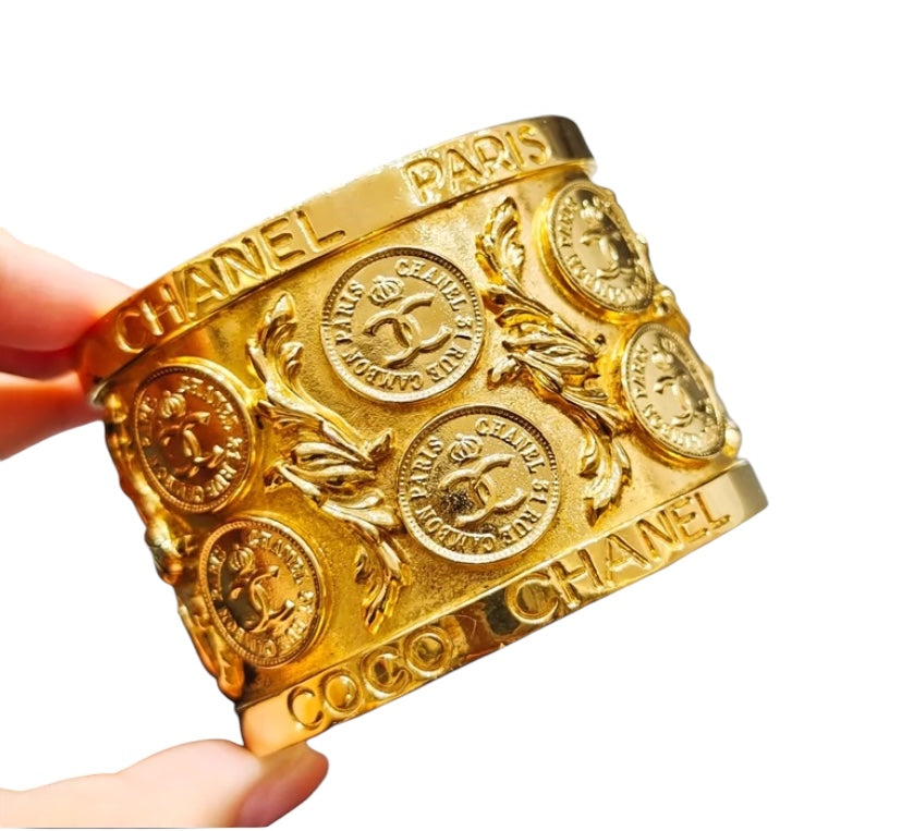 Vintage 1970’s Chanel 24K Gold Plated Metal Coin CC Logos Cuff Bangle Bracelet