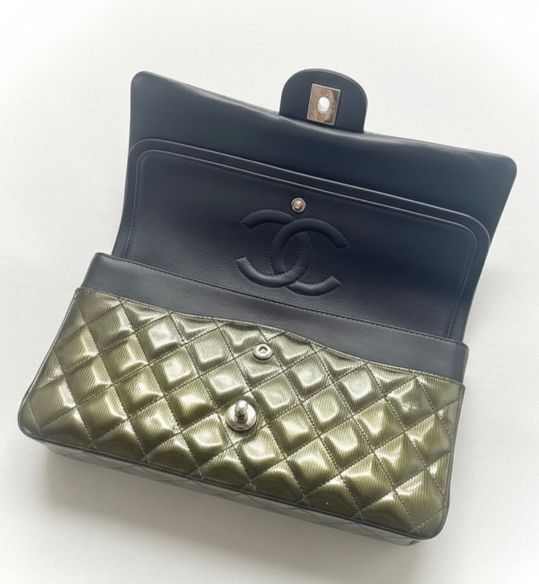 Chanel Medium Double Flap Green Straited Patent Leather Timeless Classic Bag SHW