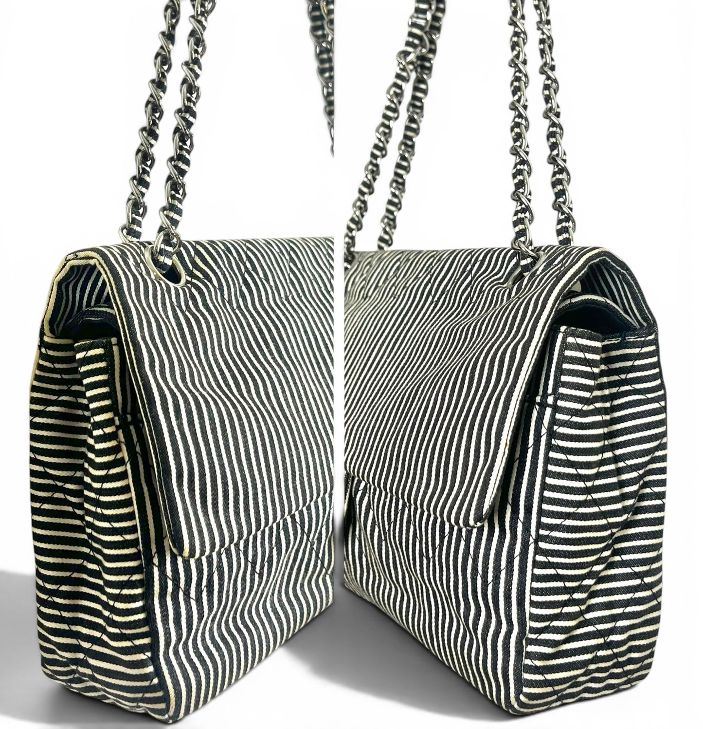 Chanel 08C Medium Black White Stripe Denim Canvas Classic Double Flap Bag
