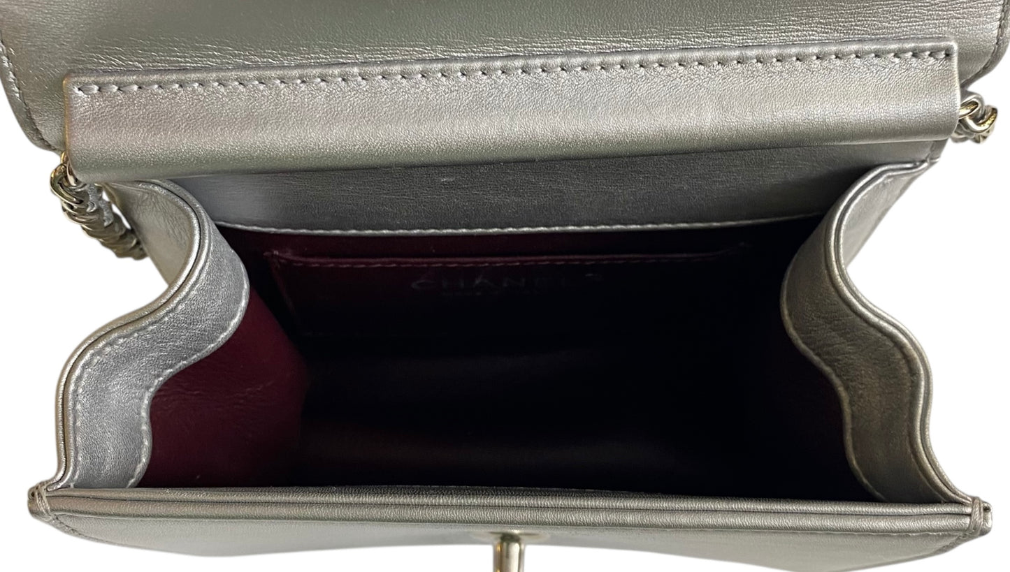 Chanel Airlines 16P Mini Propellor Metallic Calfskin Silver Flap Bag