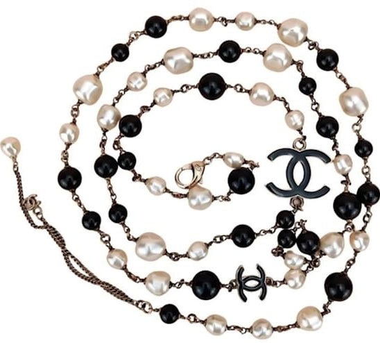 Chanel 12P Classic Long Strand Black White Freshwater Pearl and Bead Necklace GHW