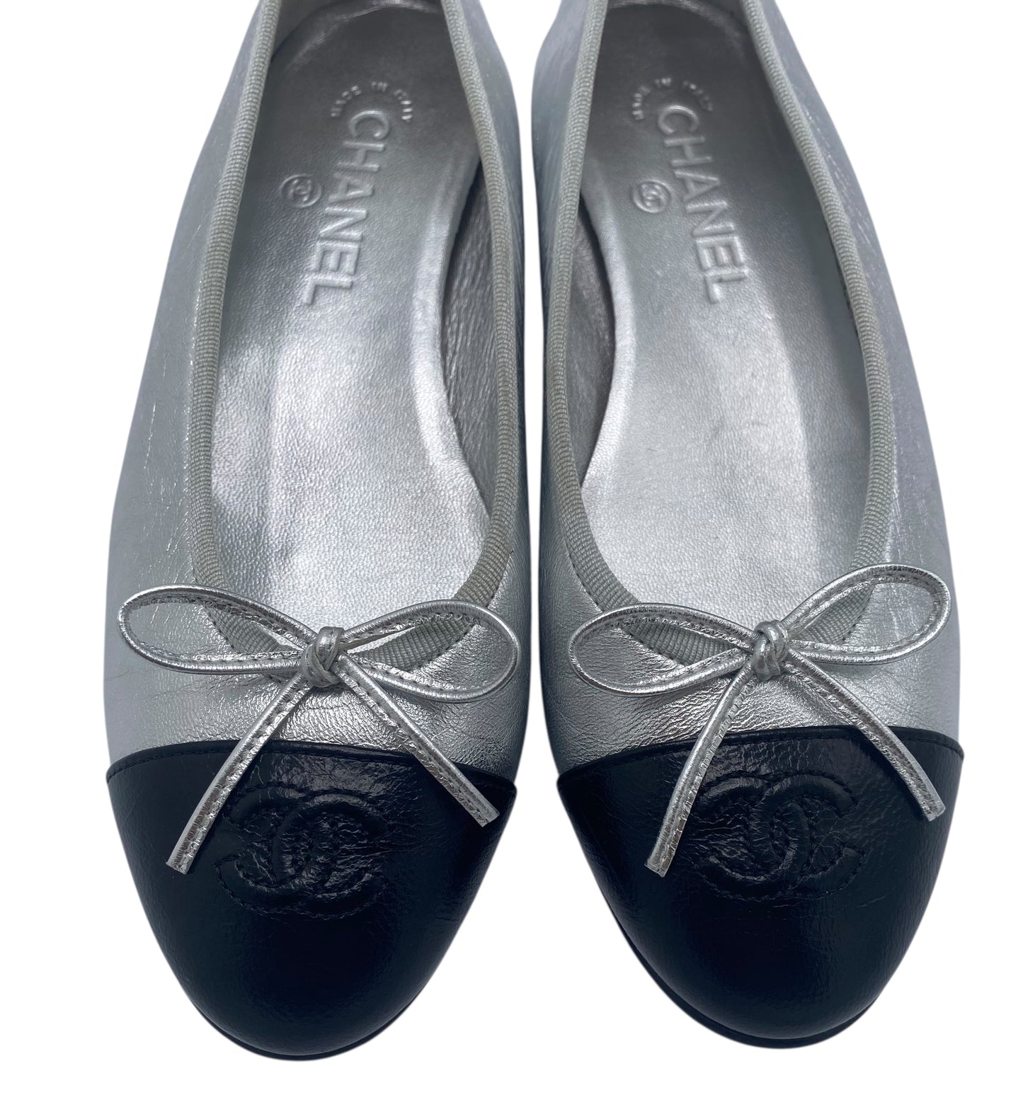 Chanel Metallic Silver Black CC Cap Toe Bow Ballet Flats EU 38
