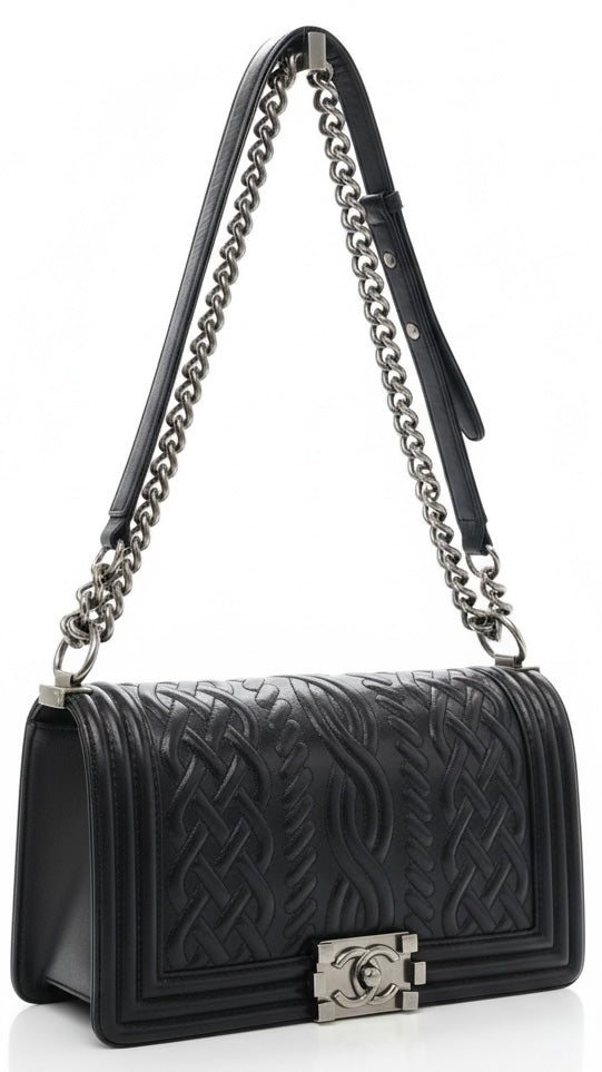 Chanel 13A Paris Edinburgh Black Lambskin Old Medium Embossed Celtic Knot Boy Flap Bag