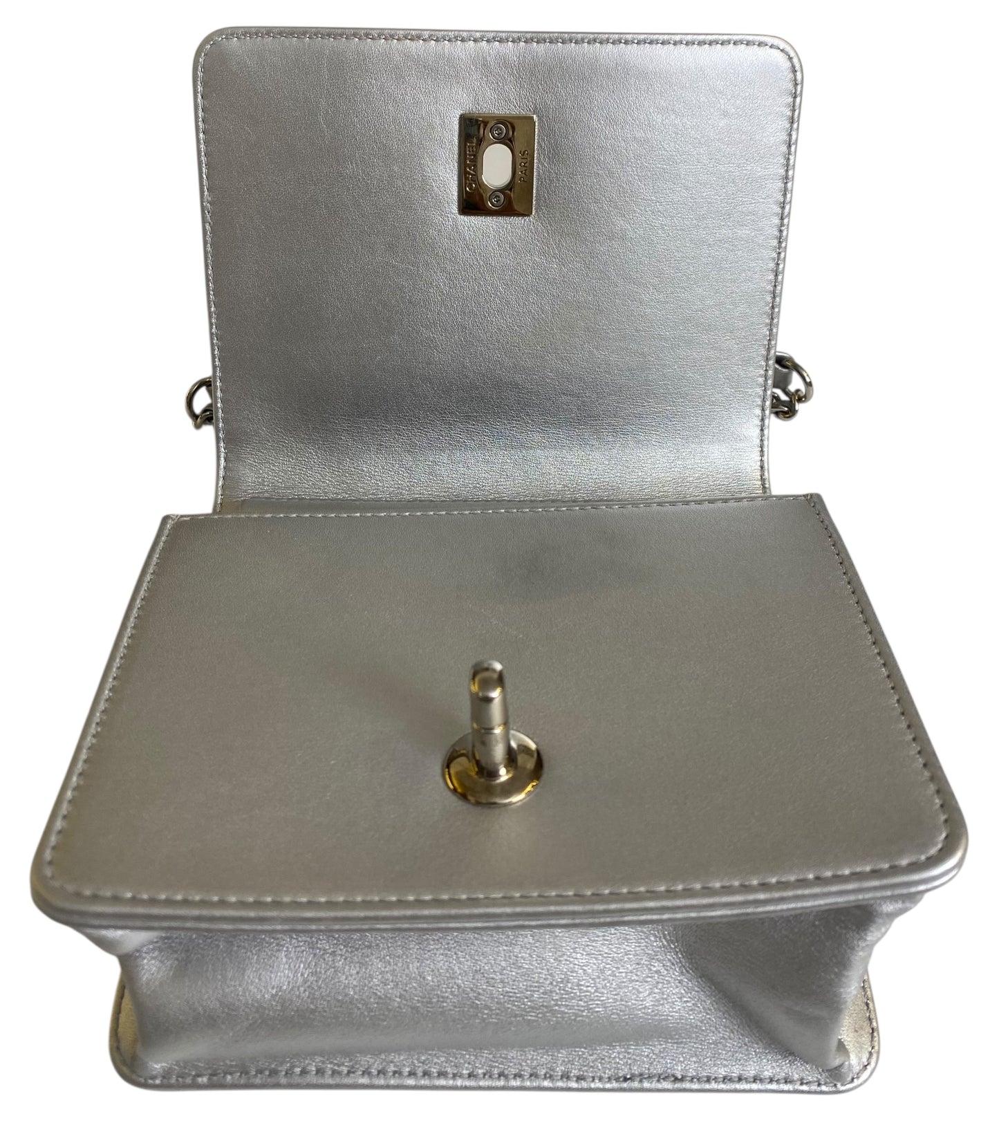 Chanel Airlines 16P Mini Propellor Metallic Calfskin Silver Flap Bag