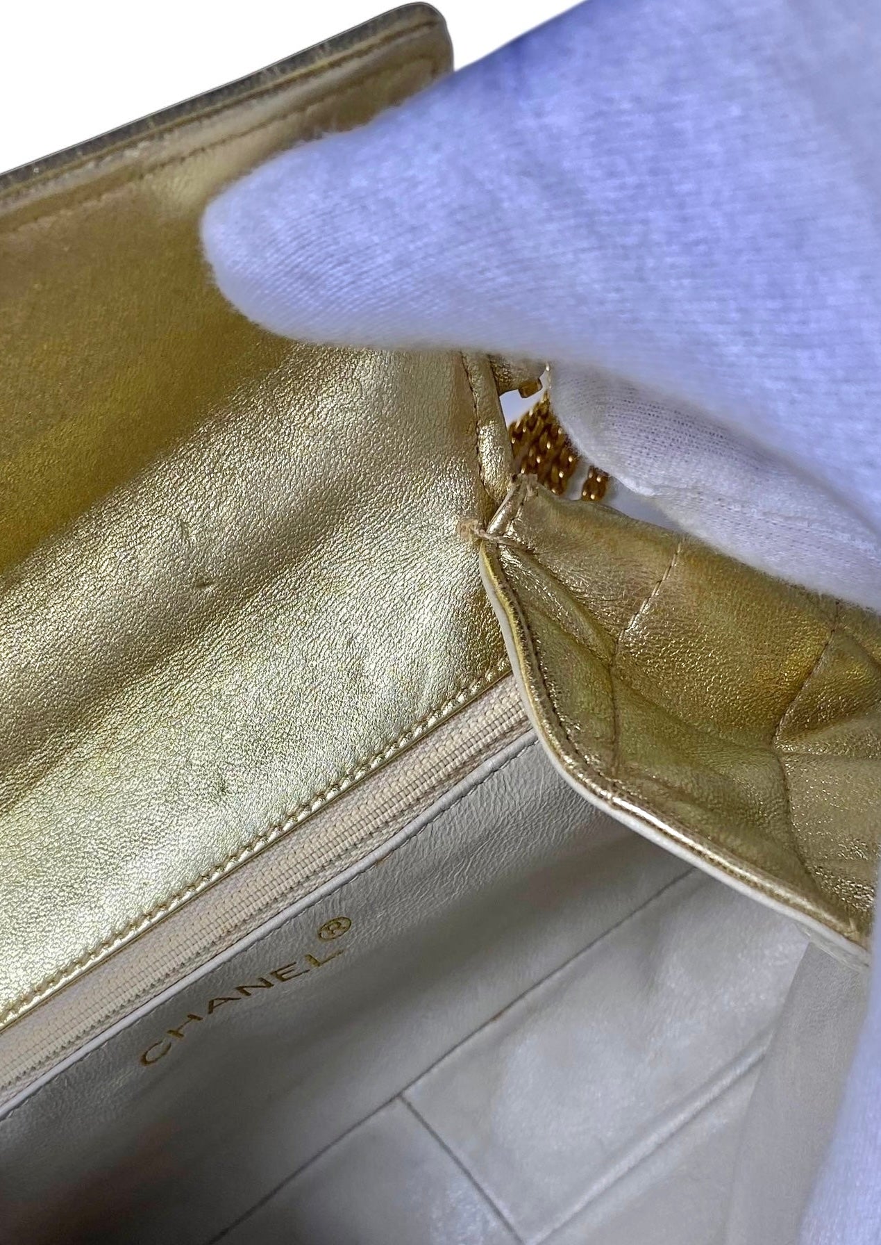 Rare 90’s Chanel Vintage Gold Quilted Lambskin Leather Multi Chain Jewelry Tassel Bag