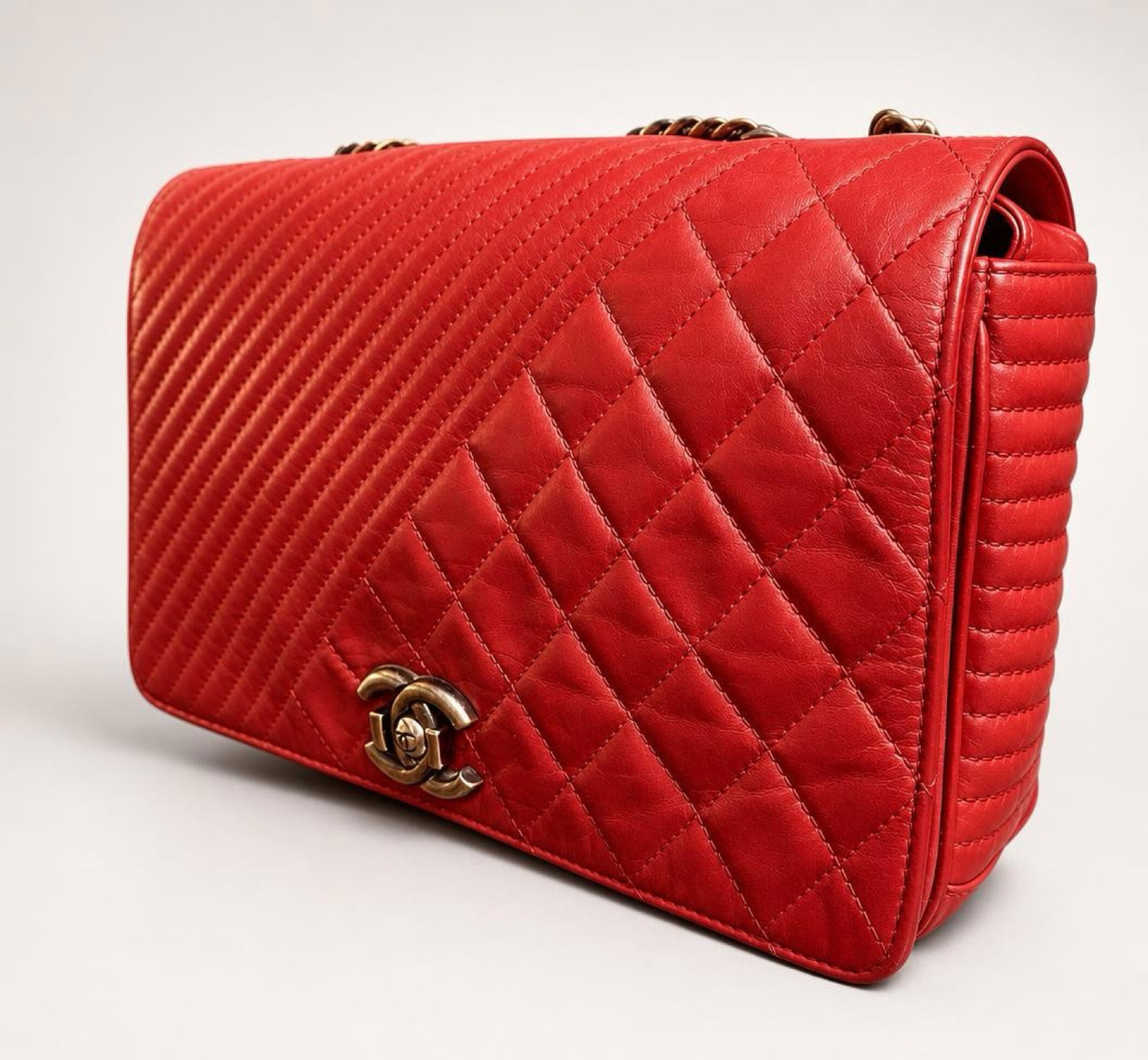 Chanel Red Quilted Glazed Aged Calfskin Leather Medium Coco Boy Flap Bag