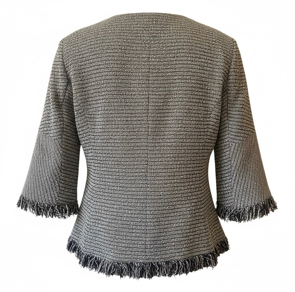 Chanel 18P Black White Ecru Boucle Tweed Fringe Jacket FR 44