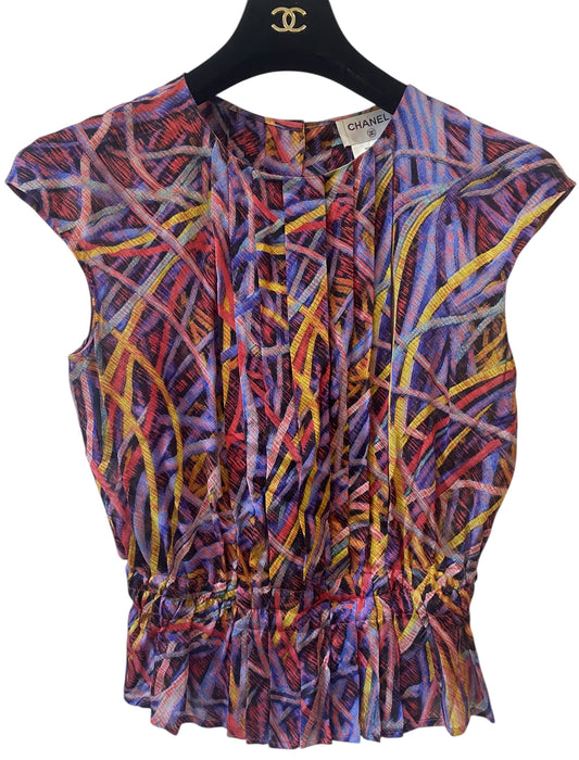 Chanel 14A Supermarket Collection Multicolor Silk Blouse Top FR 38